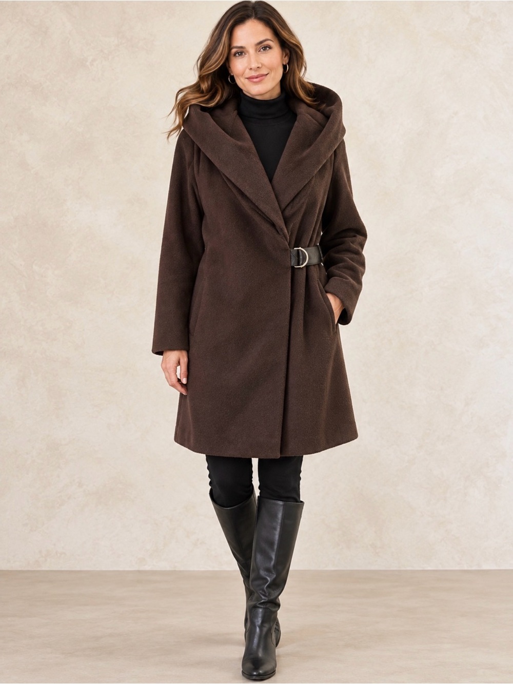 Via Spiga Hooded Wool Blend Wrap Coat Chocolate Brown Size Large